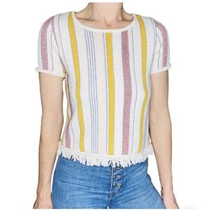 Striped Fringe Hem Knit Top‎ Short Sleeve Tee Yellow Pink Blue White